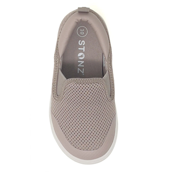Gray slip-on shoe with 'STONZ' branding on a white background