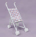 White baby stroller with a patterned canopy on a purple background