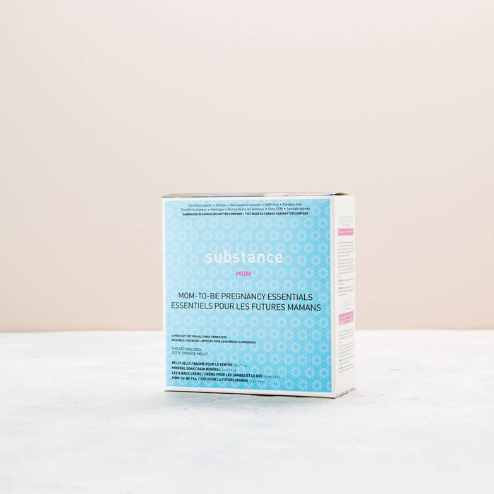 Box of 'substance' mom-to-be pregnancy essentials on a light beige background