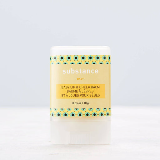 Baby lip and cheek balm with 'substance' branding on a light gray background