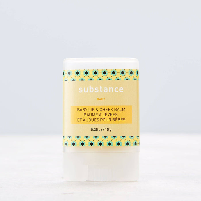 Baby lip and cheek balm with 'substance' branding on a light gray background