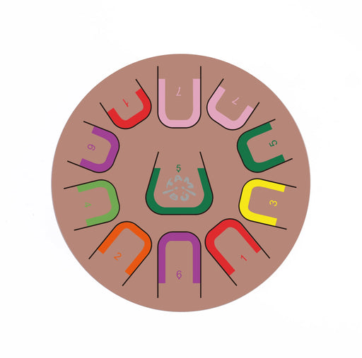 Circular arrangement of colorful letters on a brown background