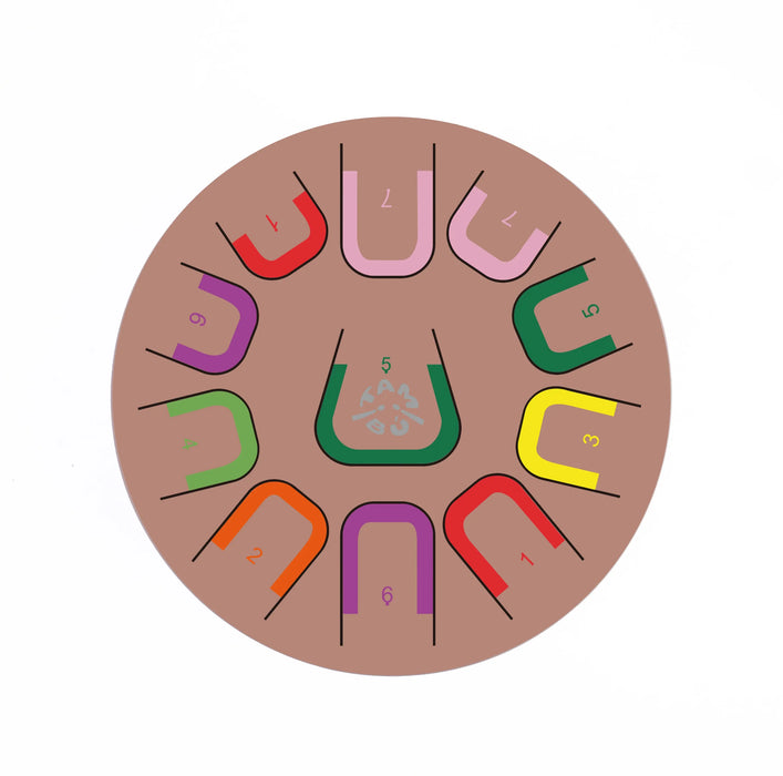 Circular arrangement of colorful letters on a brown background