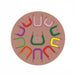 Circular arrangement of colorful letters on a brown background