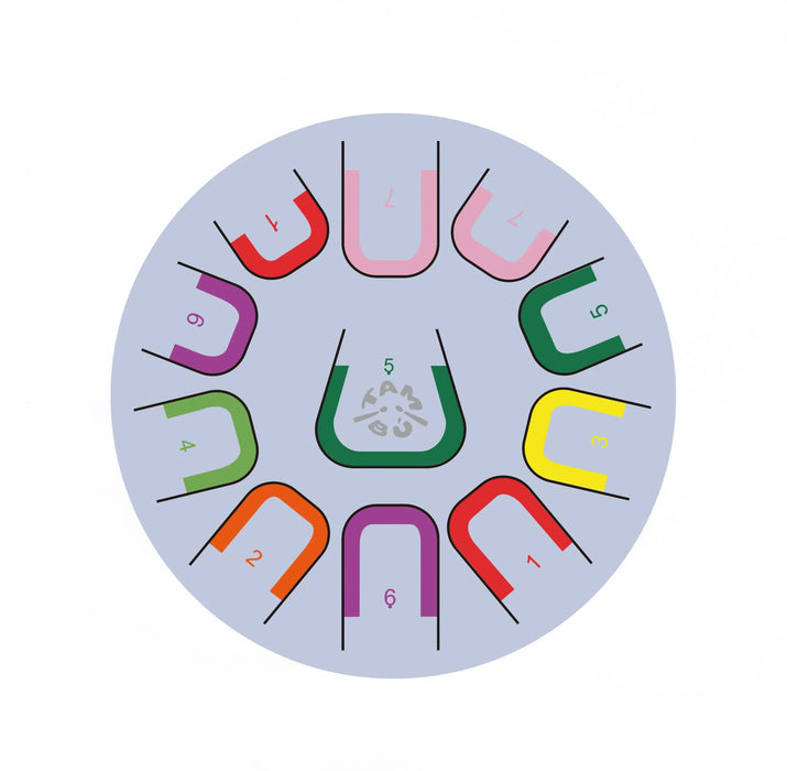 Colorful U-shaped objects with numbers on a light blue background