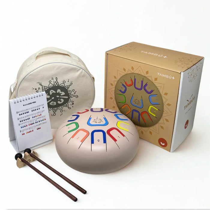 Tangram drum with carrying bag, drumsticks, and packaging on a white background