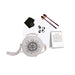 Set of drumming accessories including a drum, mallets, and a notepad on a white background