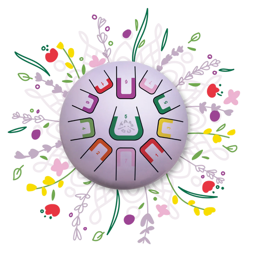 Circular design with colorful icons and floral elements on a white background