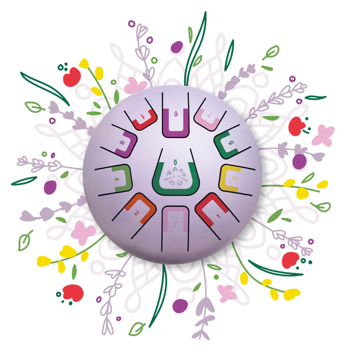 Circular design with colorful icons and floral elements on a white background