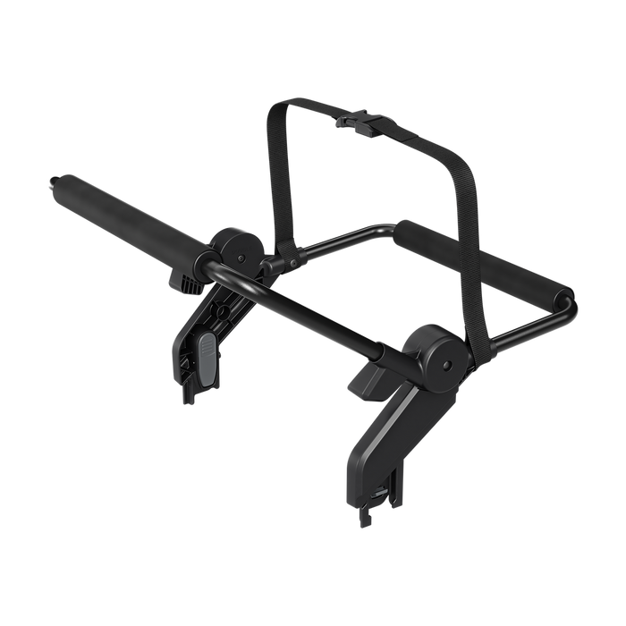 Black metal carseat adapter on a white background