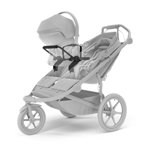 Gray stroller with a baby seat attachment on a white background