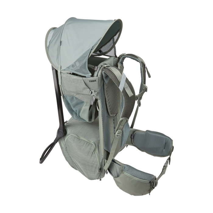 Gray baby carrier with a white background