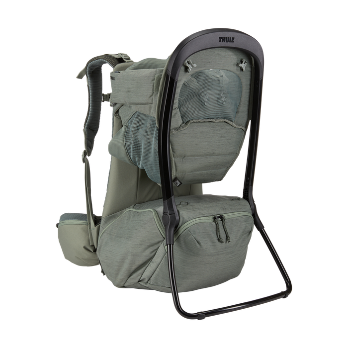 Green baby carrier with black frame on a white background