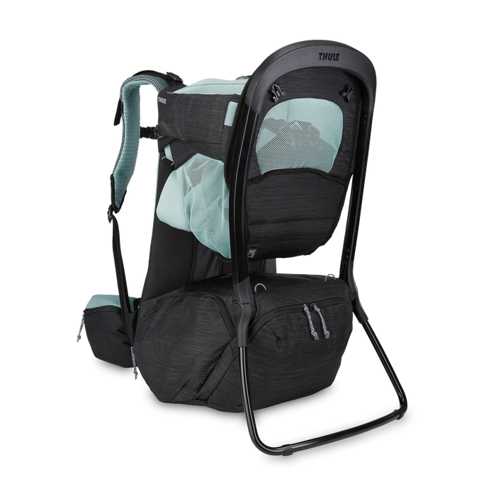 Black baby carrier with teal accents on a white background