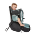 Child in a black and gray backpack carrier on a white background