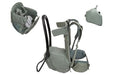 Gray baby carrier with adjustable straps on a white background