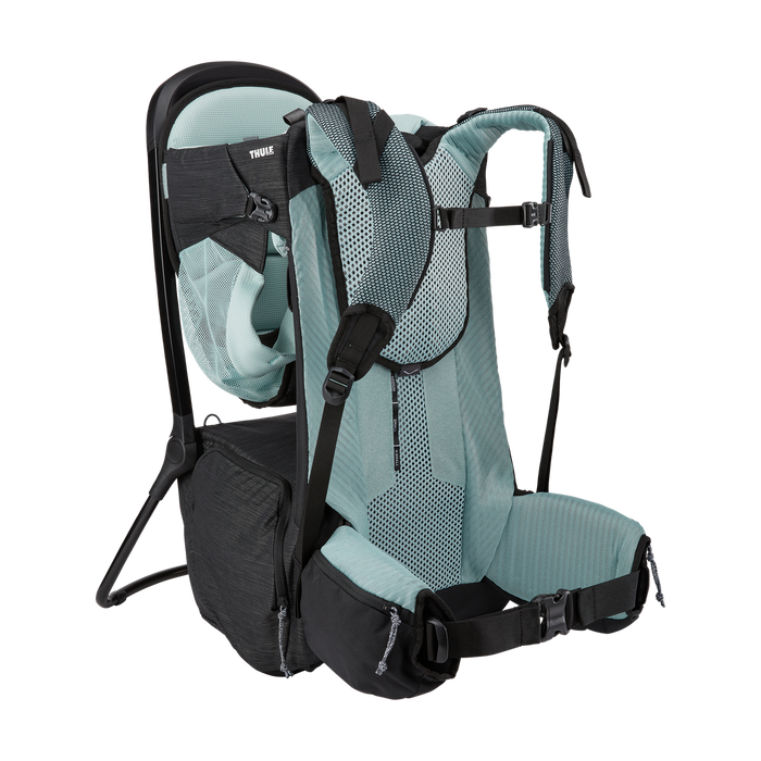 Child carrier backpack with teal seat and black frame on a white background