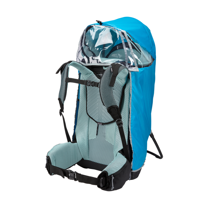Light blue and gray backpack with a rain cover on a white background