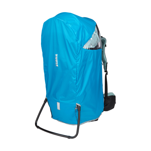 Blue backpack with rain cover on a white background