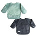 Two children's bibs, one green and one gray, on a white background.