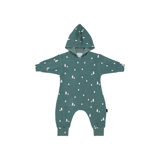 Green baby hooded onesie with white tree pattern on a white background