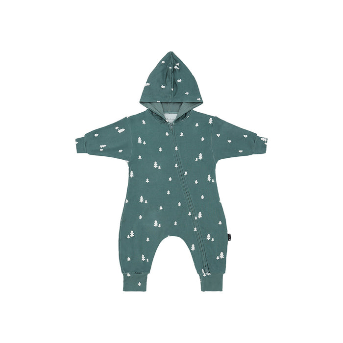 Green baby hooded onesie with white tree pattern on a white background