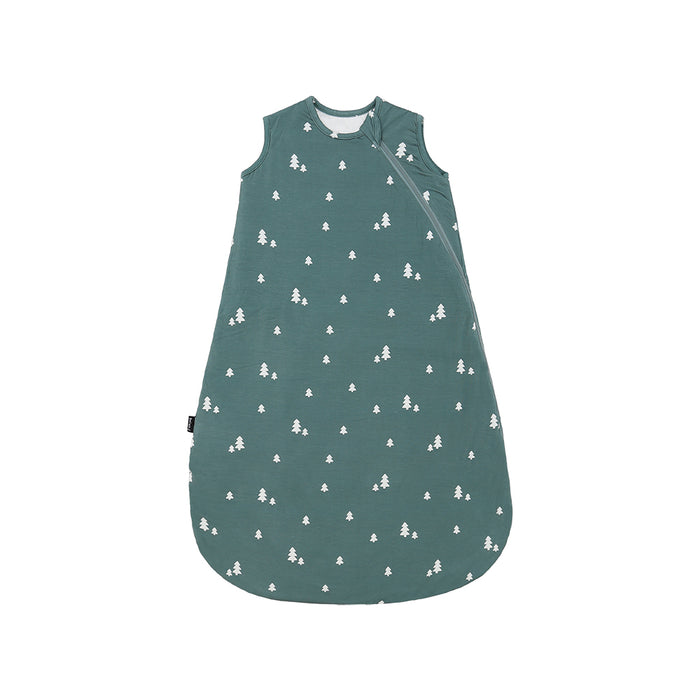 Green baby sleeping bag with tree pattern on a white background