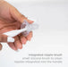 Hand holding a small silicone brush with text describing its use.