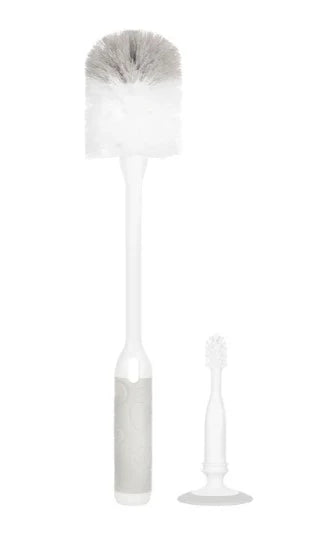 Cleaning brush set with gray bristle head and white handle on a white background