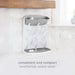 Gray countertop bottle drying rack with hanging hooks on a white marble countertop.