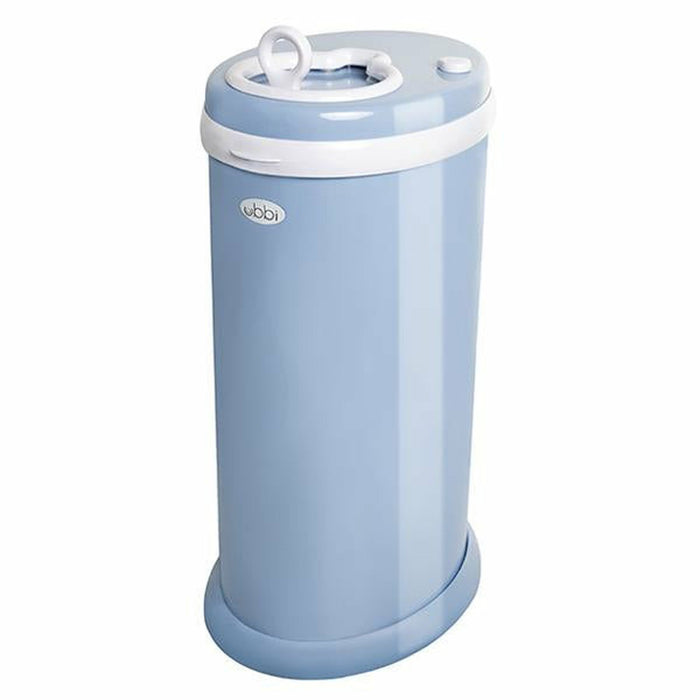 Blue diaper pail with white lid on a white background