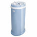Blue diaper pail with white lid on a white background