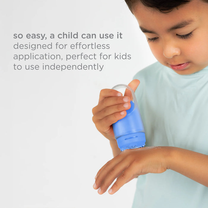Child using a blue handheld device, likely for application, with text about its ease of use for children.