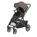 Brown and black uppababy stroller on a white background