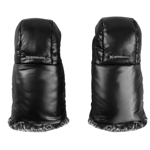 Black stroller mittens with fur trim on a white background, featuring the UPPAbaby logo.