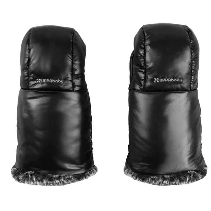Black stroller mittens with fur trim on a white background, featuring the UPPAbaby logo.