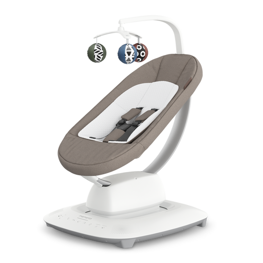 Baby swing with white seat and brown top on a white background