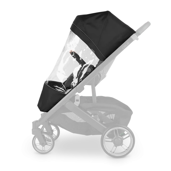 Silhouette of stroller with a black rain cover on a white background