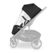 Silhouette of stroller with a black rain cover on a white background