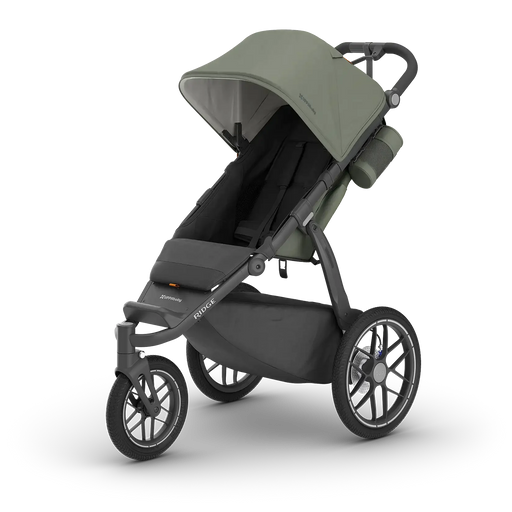Green and black stroller on a white background