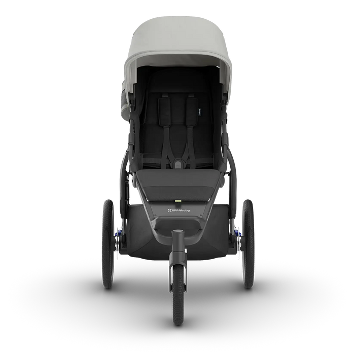 Gray and black stroller on a white background