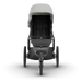 Gray and black stroller on a white background