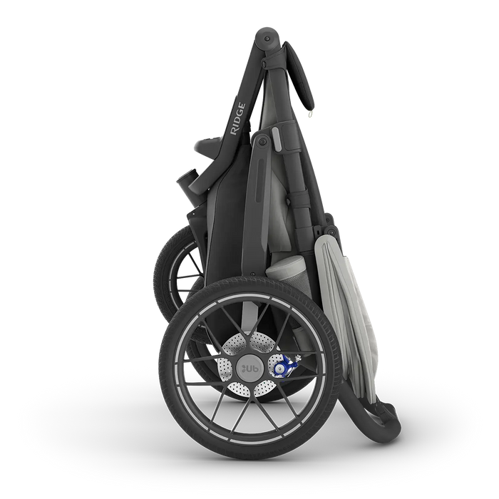 Black and gray stroller on a white background