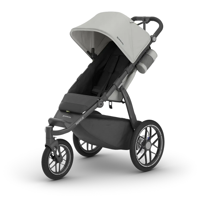 Gray and black stroller on a white background