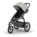 Gray and black stroller on a white background