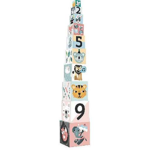 Stack of colorful children's blocks with animal and number designs on a white background