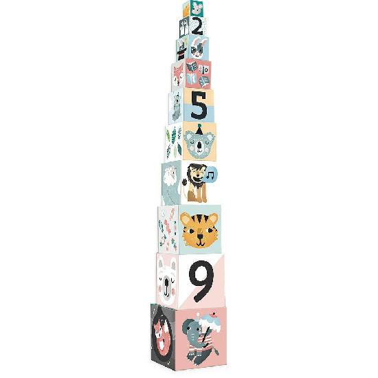 Stack of colorful children's blocks with animal and number designs on a white background