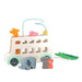 Wooden toy with animals and a bus-shaped carrier on a white background