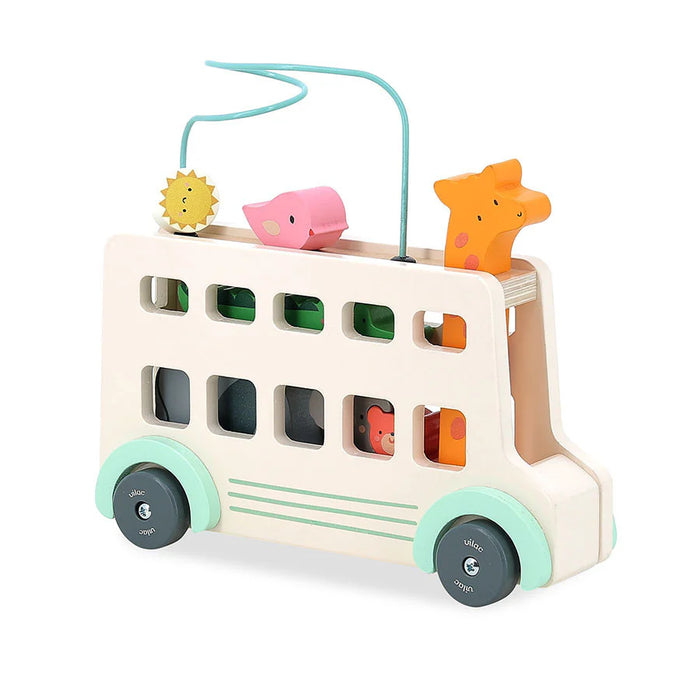 Colorful wooden toy bus with shape sorter and animal figures on a white background