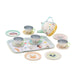 Children's tea set with teapot, cups, and plates on a white background